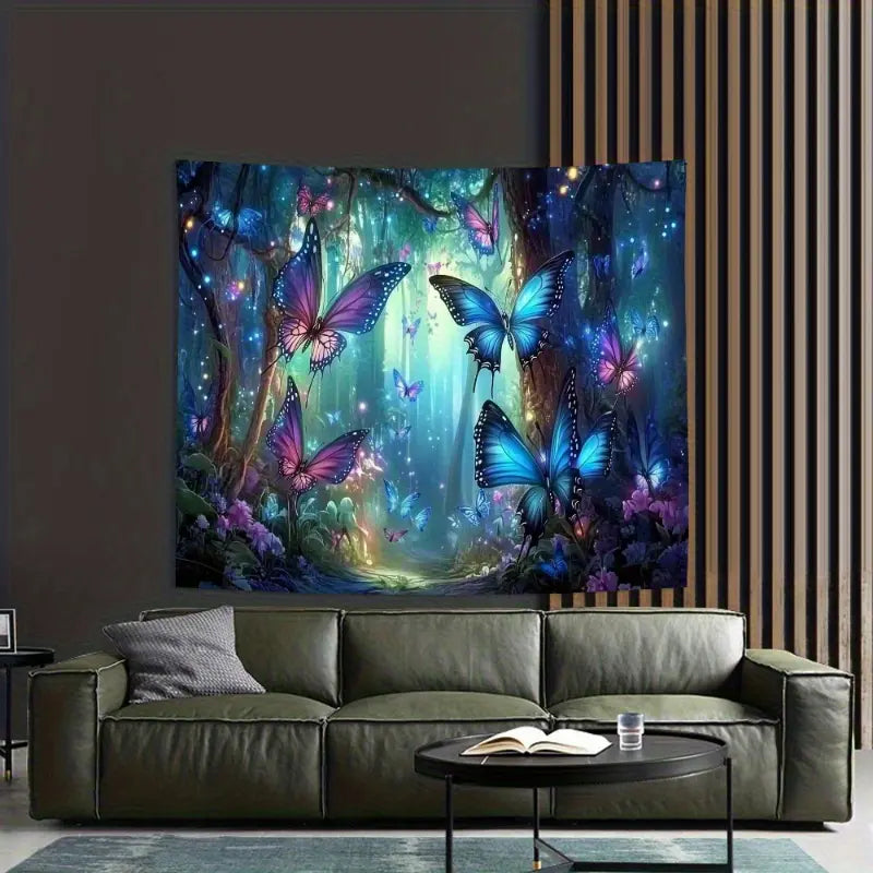 Butterfly Forest Tapestry Wall Hanging - Magical Blue, Purple, Pink, Green Butterflies, Glowing Forest Pathway, Lightweight Polyester Fabric - Living Room, Bedroom Decor, Halloween Decoration, Housewarming Gift