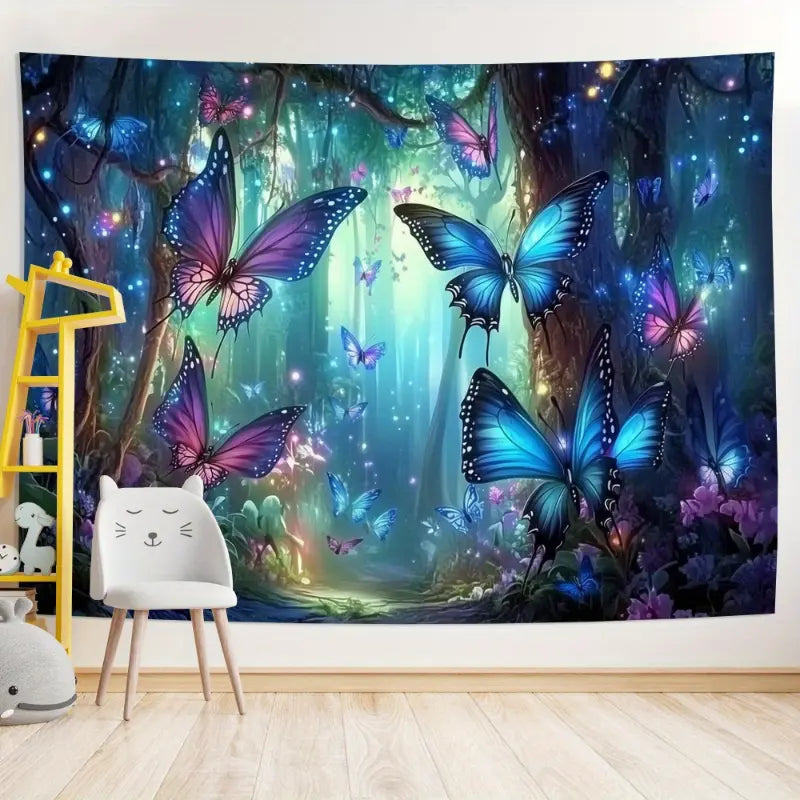 Butterfly Forest Tapestry Wall Hanging - Magical Blue, Purple, Pink, Green Butterflies, Glowing Forest Pathway, Lightweight Polyester Fabric - Living Room, Bedroom Decor, Halloween Decoration, Housewarming Gift