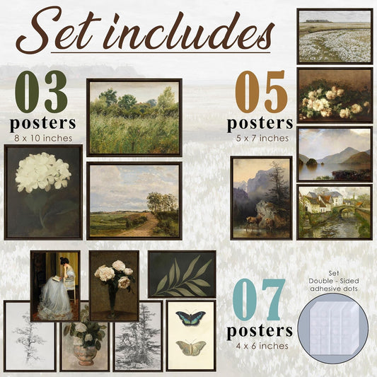 LANCHI95 15 Pcs Vintage Wall Art Decor, Vintage Posters for Room, Vintage Art Prints, Moody gallery wall art, Wall Print for Bedroom, Eclectic French Country Botanical Painting (Unframed)