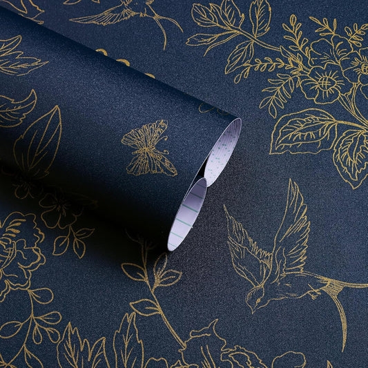 Froluya Dark Blue Peel and Stick Wallpaper Vintage Floral 17.7in×118.1in
