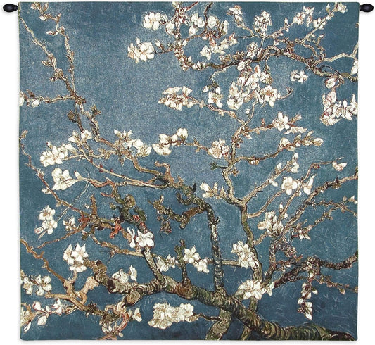 Blossoming Almond Tree by Vincent van Gogh | Woven Tapestry Wall Art Hanging | Contrasting Scenery with White Flowers | 100% Cotton USA Size 35x35