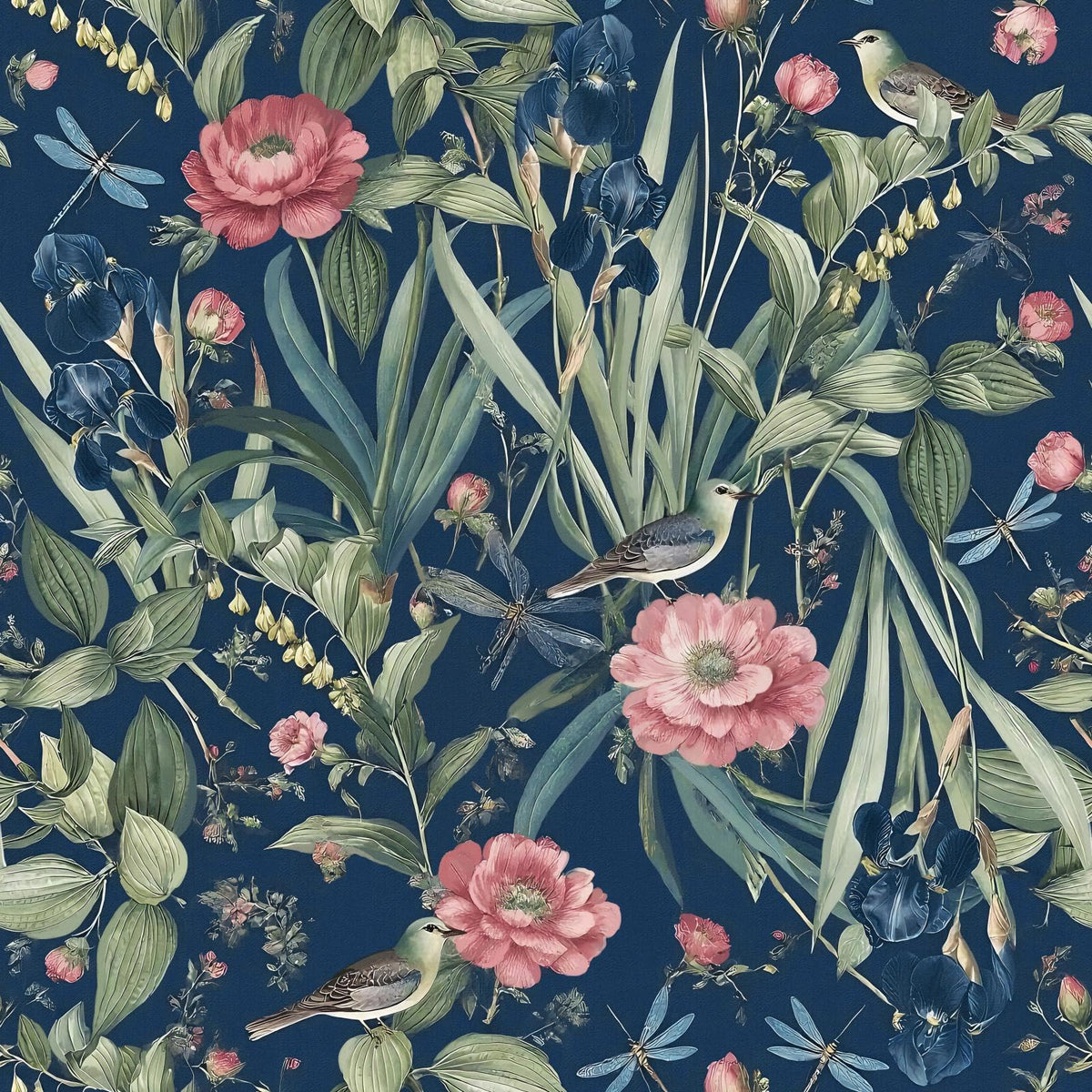 Floral Wallpaper Peel and Stick Flower Bird Blue Vinyl 17in x 118in