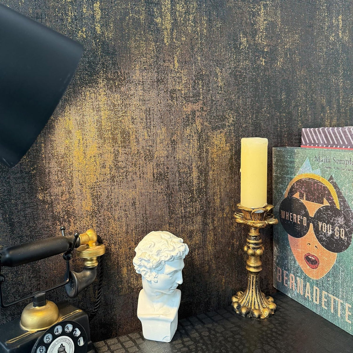 JiffDiff Vintage Metallic Peel and Stick Wallpaper Industrial Metallic Concrete Wall Paper Modern Stick on Wallpaper Self Adhesive Contact Paper(17.3" x 1200" Black Gold)