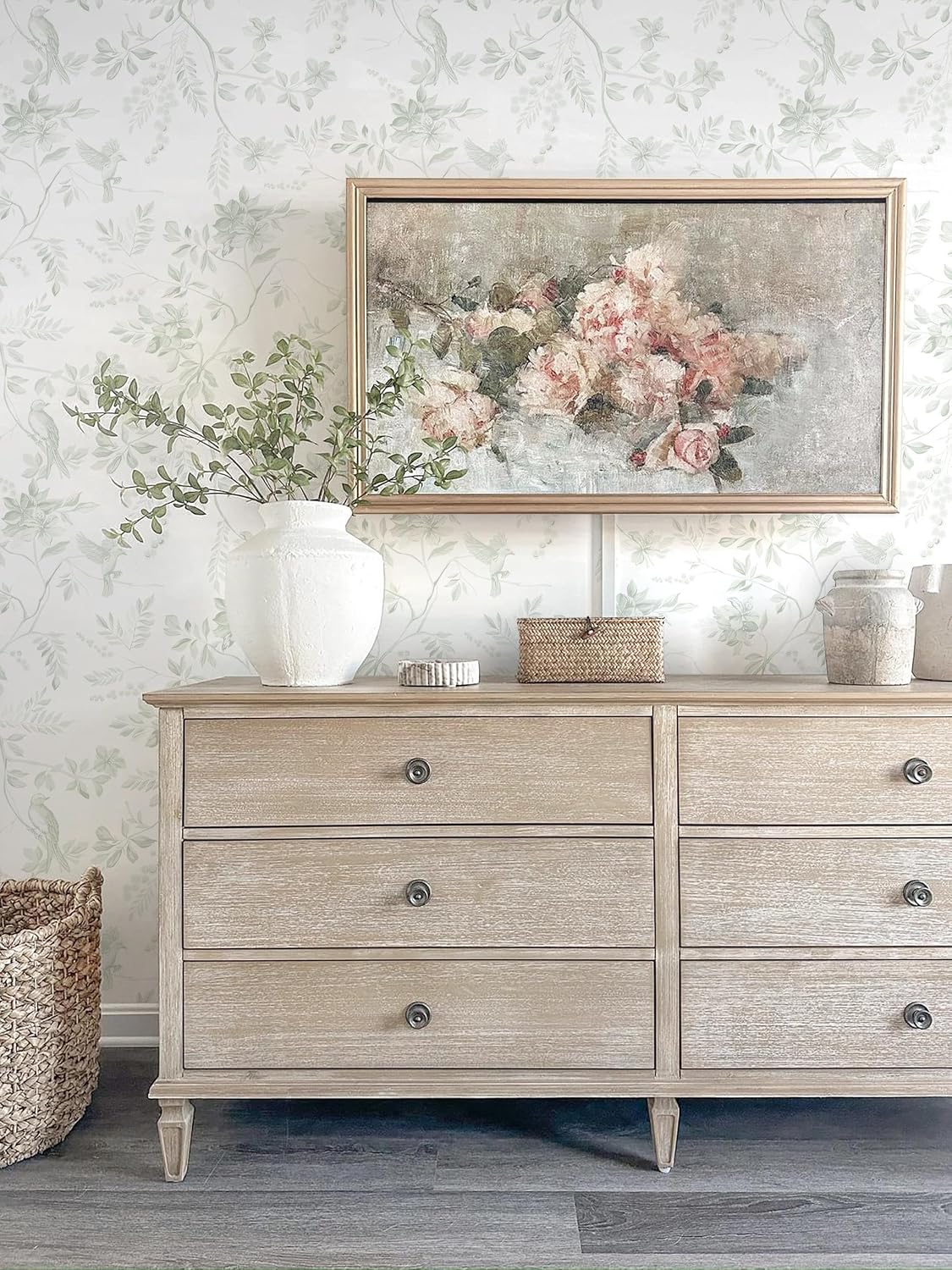 Dimoon 17.3''x78.7'' Green Peel and Stick Wallpaper Floral Modern Sage Light Green Contact Paper White Bird Wallpaper Removable Renter Friendly Waterproof Embossed Kitchen Bedroom Bathroom Vinyl Roll