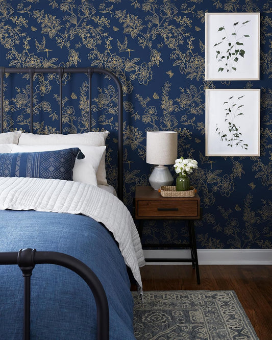 Froluya Dark Blue Peel and Stick Wallpaper Vintage Floral 17.7in×118.1in