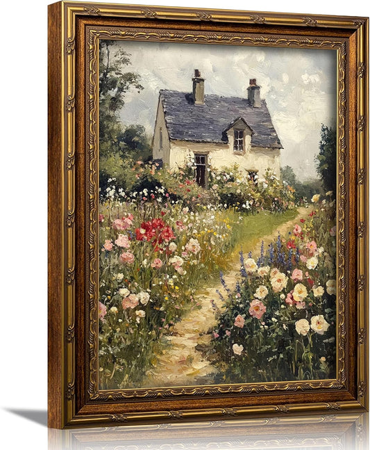 3D Textured Canvas Wall Art Vintage Carved Gold Frame Vintage Country Farmhouse Wildflower Nature Floral Relief Poster Print Artwork for Bedroom, Bathroom, Living Room Office Home Decor