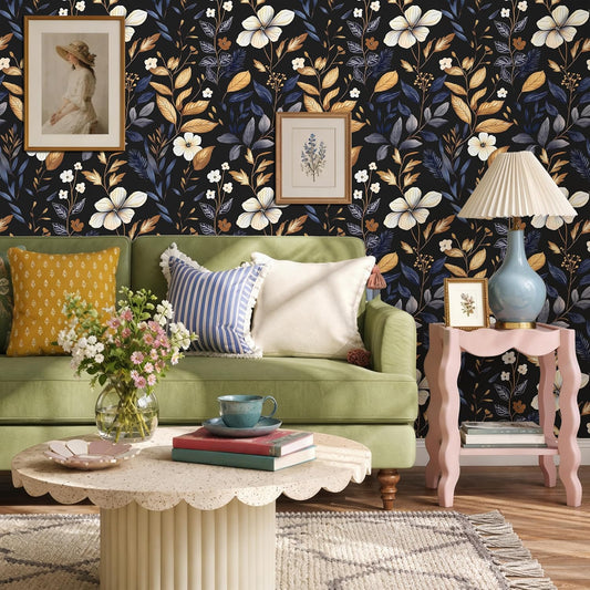 Laatse Vintage Dark Blue Gold Floral Peel and Stick Wallpaper 17.5"x393"