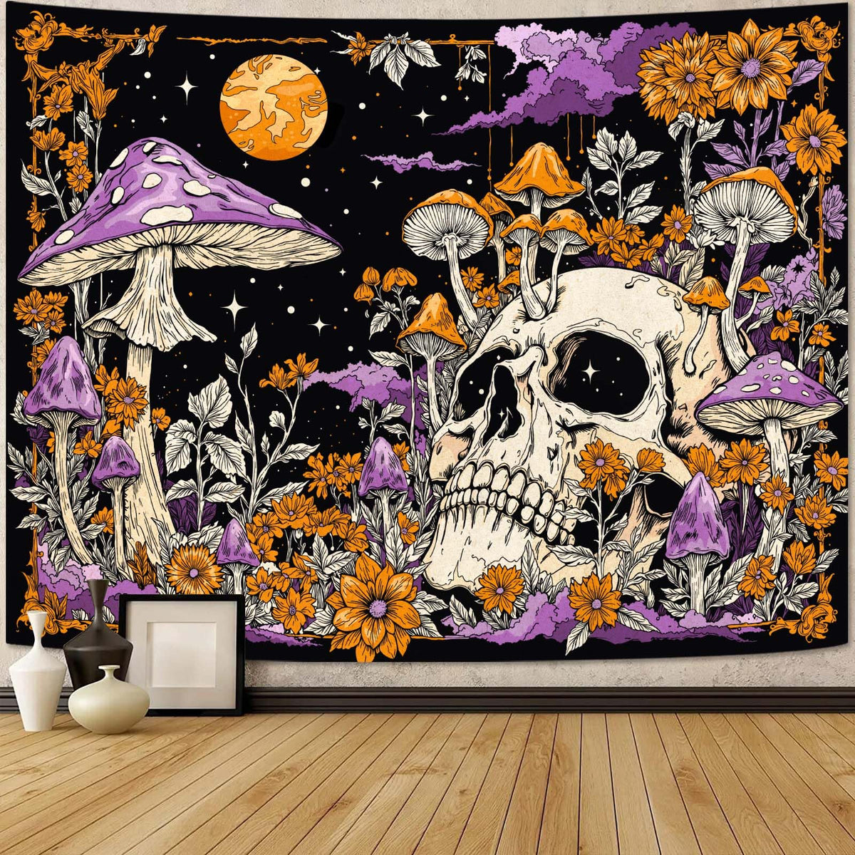 Lifeella Skull Tapestry, Gothic Horror Moon Skeleton Mystic Dark Tapestries for Bedroom Grunge Wall Hanging Black and White 36 x 48 inch
