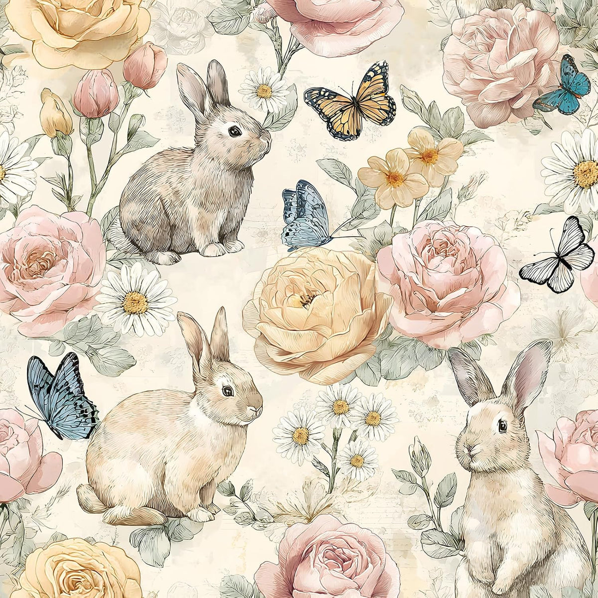 VaryStyle Bunny Floral Wallpaper Peel and Stick Vintage Beige, 17.7"x118"