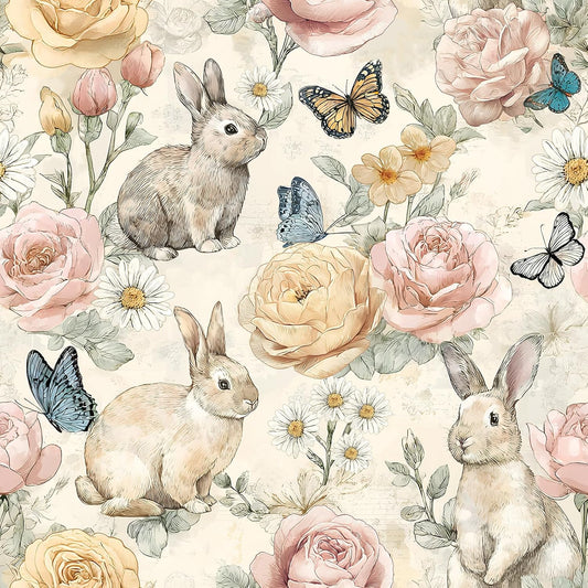 VaryStyle Bunny Floral Wallpaper Peel and Stick Vintage Beige, 17.7"x118"