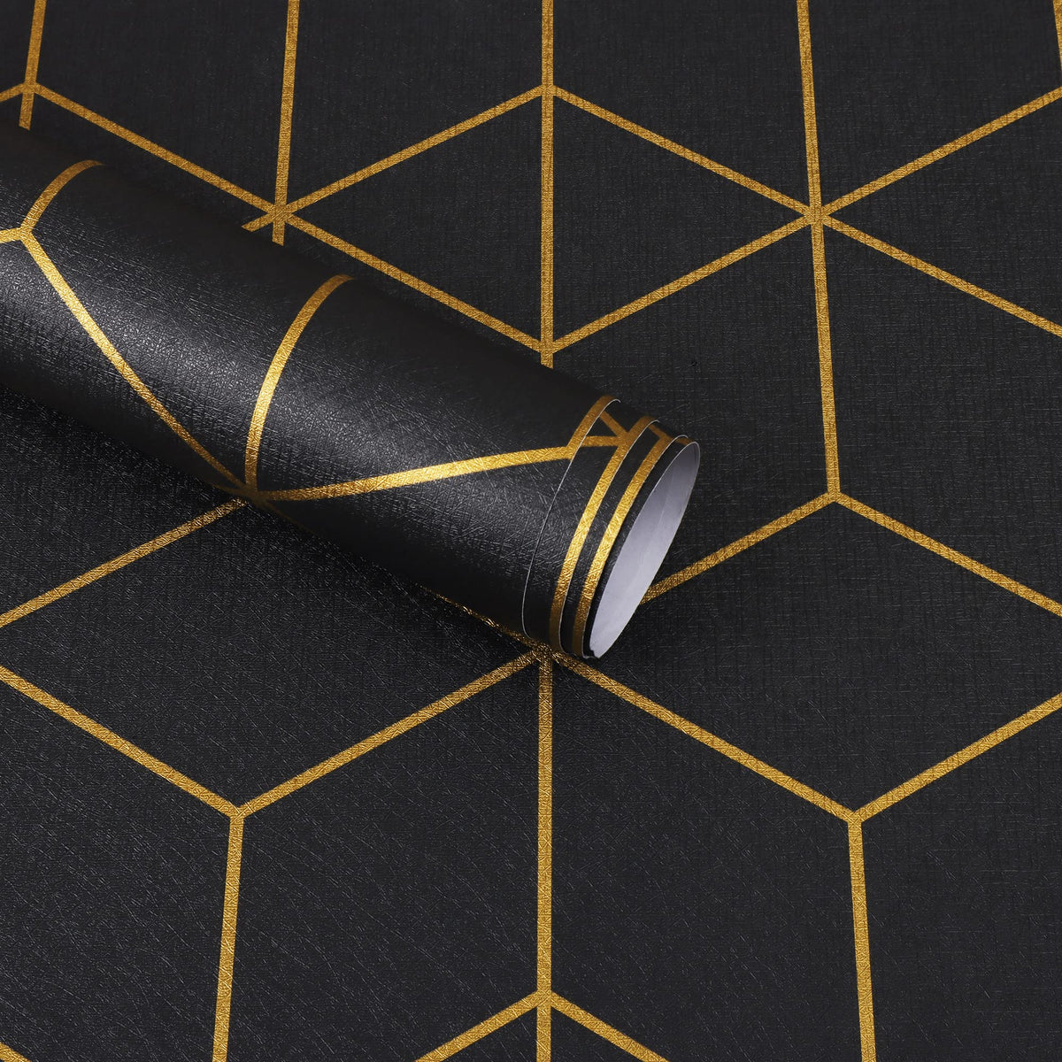 Safiyya 118" x 17.3" Gold and Black Wallpaper Geometric Contact Paper Peel and Stick Wallpaper Removable Self Adhesive Contact Paper for Cabinets and Walls Vinyl Rolls