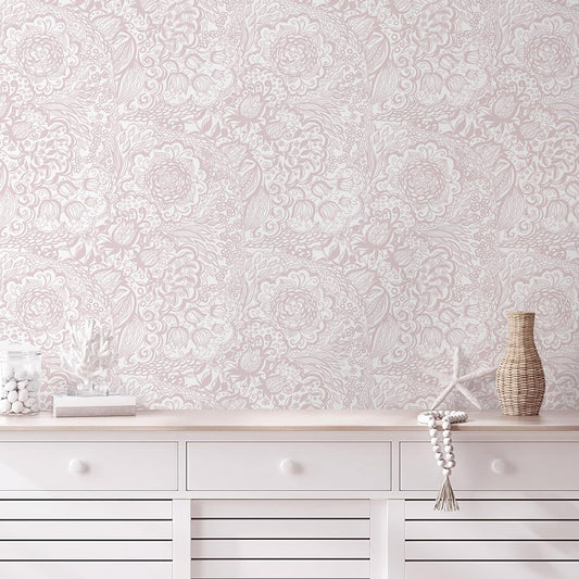 Peel and Stick Wallpaper Boho Pink and White Floral Wallpaper for Bedroom Bathroom Removable Self-adhsive Contact Paper for Cabinets Nursery Shelf Liner 17.3" x 394"