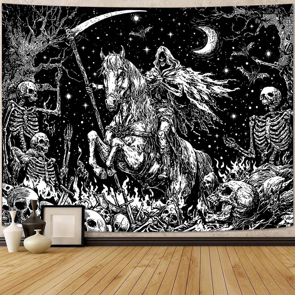 Lifeella Skull Tapestry, Gothic Horror Moon Skeleton Mystic Dark Tapestries for Bedroom Grunge Wall Hanging Black and White 36 x 48 inch