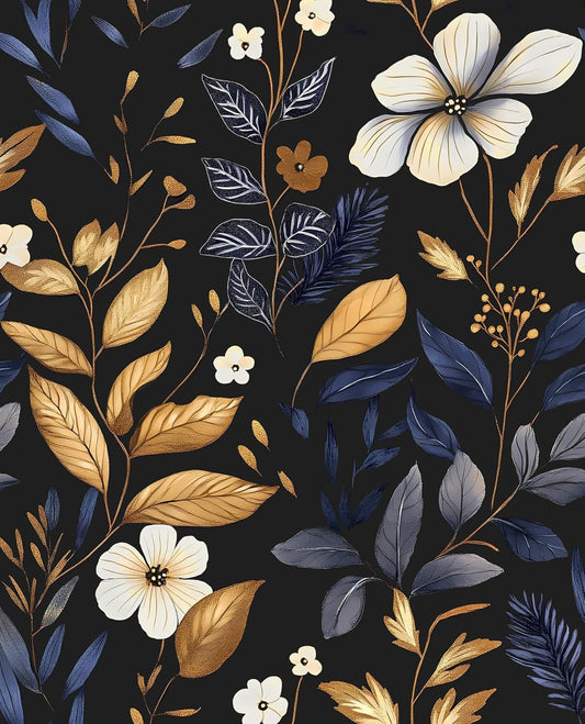Laatse Vintage Dark Blue Gold Floral Peel and Stick Wallpaper 17.5"x393"