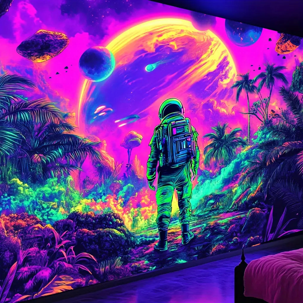 Interstellar Astronaut Tapestry - UV Reactive Polyester Party Backdrop, Glow in the Dark Space Adventure Wall Hanging, Summer Holiday Decor, No Electricity Needed