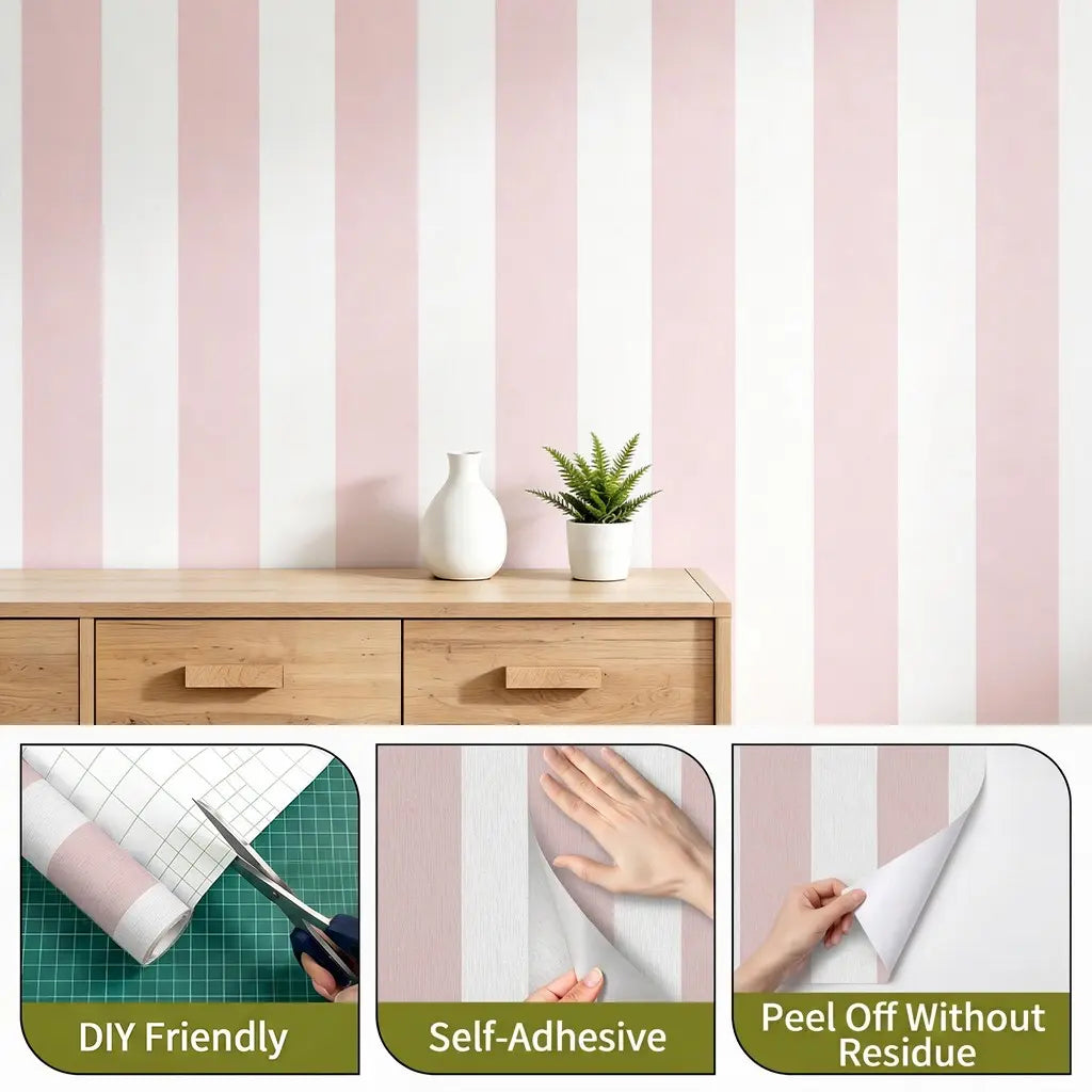 1 Roll Self-Adhesive Modern Vertical Striped Wallpaper, 4 Colors (Pink/White, Blue/White, Green/White, Black/White), 40cm/15.7" Wide Waterproof, for Bedroom & Rental Apartment Renovation