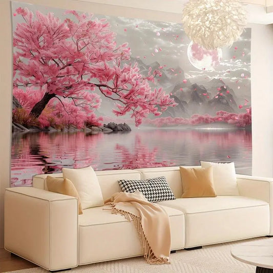 Colorful Synthetic Digital Print Pink Cherry Blossom Tree Lake View Tapestry - 60x40in Polyester Wall Hanging, Holiday Room Decor, Realistic Art Backdrop, Ideal for Living Room & Party, Gift-Worthy Accessory