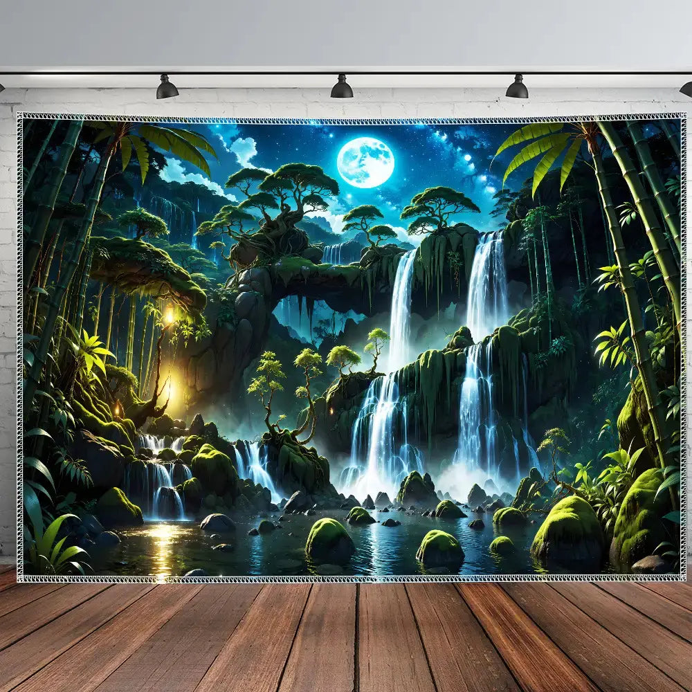 1pc Extra Large Tranquil Forest Waterfall Moon Landscape Photo Tapestry, Polyester Aesthetic HD Print Wall Hanging, Living Room Bedroom Office Home Party Decor, No Installation Needed, Bedroom Decoration |     Moonlit Waterfall Scene |     Plush Texture
