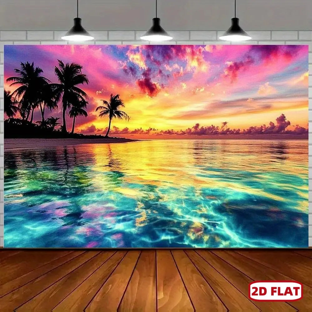 1pc 2D Flat Wall-Hang Synthetic Polyester Tapestry - Vibrant Palm Tree Ocean Art, Tropical Beach Sunset Print, Room Decor, Happy Birthday Ceremony Backdrop, Beachy Room Upgrade, No Electricity Needed, Multiple Options Available