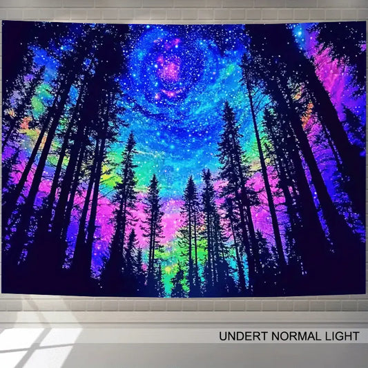 UV black light neon galaxy forest tapestry.Polyester fluorescent banner for game room, dorm, living room, bedroom, office, or balcony decorations.Suitable for indoor/outdoor home, gaming club, or party decor.