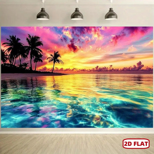 1pc 2D Flat Wall-Hang Synthetic Polyester Tapestry - Vibrant Palm Tree Ocean Art, Tropical Beach Sunset Print, Room Decor, Happy Birthday Ceremony Backdrop, Beachy Room Upgrade, No Electricity Needed, Multiple Options Available