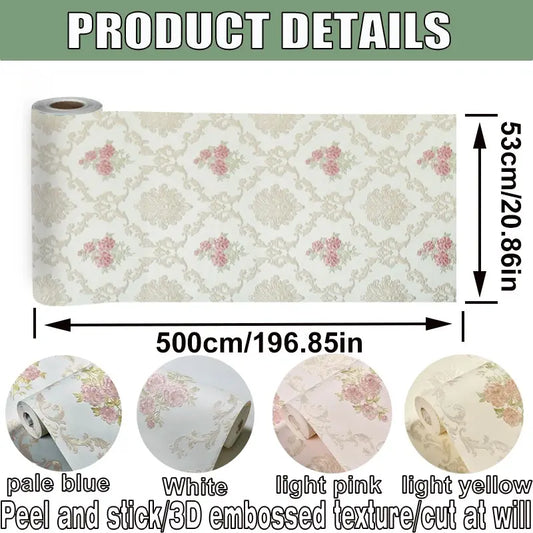 1 Roll 53cm X 5m Non-Woven Self-Adhesive Peel and Stick Wallpaper, 3D European Style, Thickened Mould-Proof, Living Room Bedroom Wall Decor